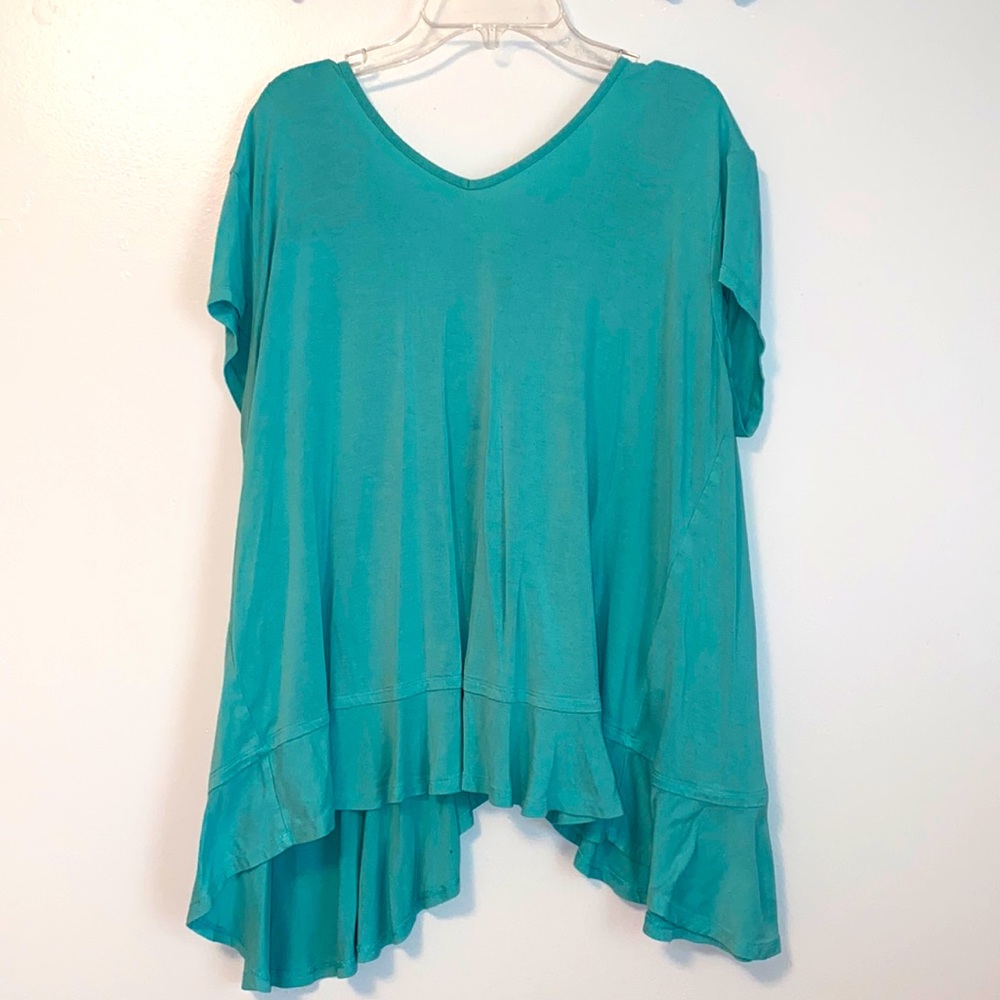 Teal Ruffled open back blouse